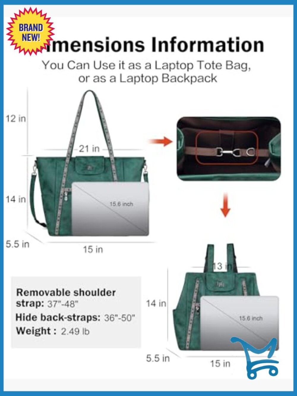Large Convertible Laptop Tote Bag with Backpack Straps, 10 Pockets - Picture 4 of 7